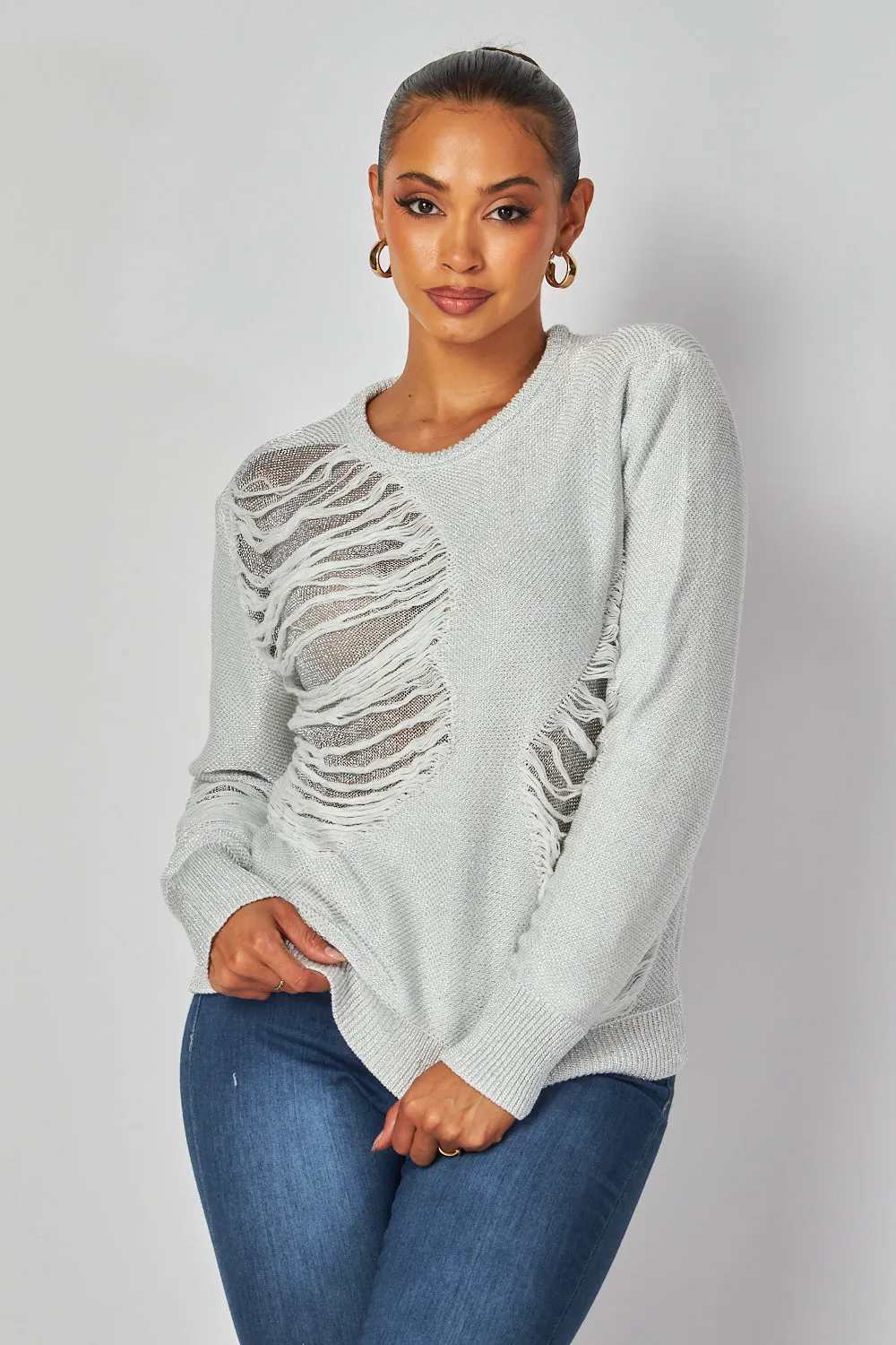 Kristen Distressed Metallic Lightweight Sweater Top