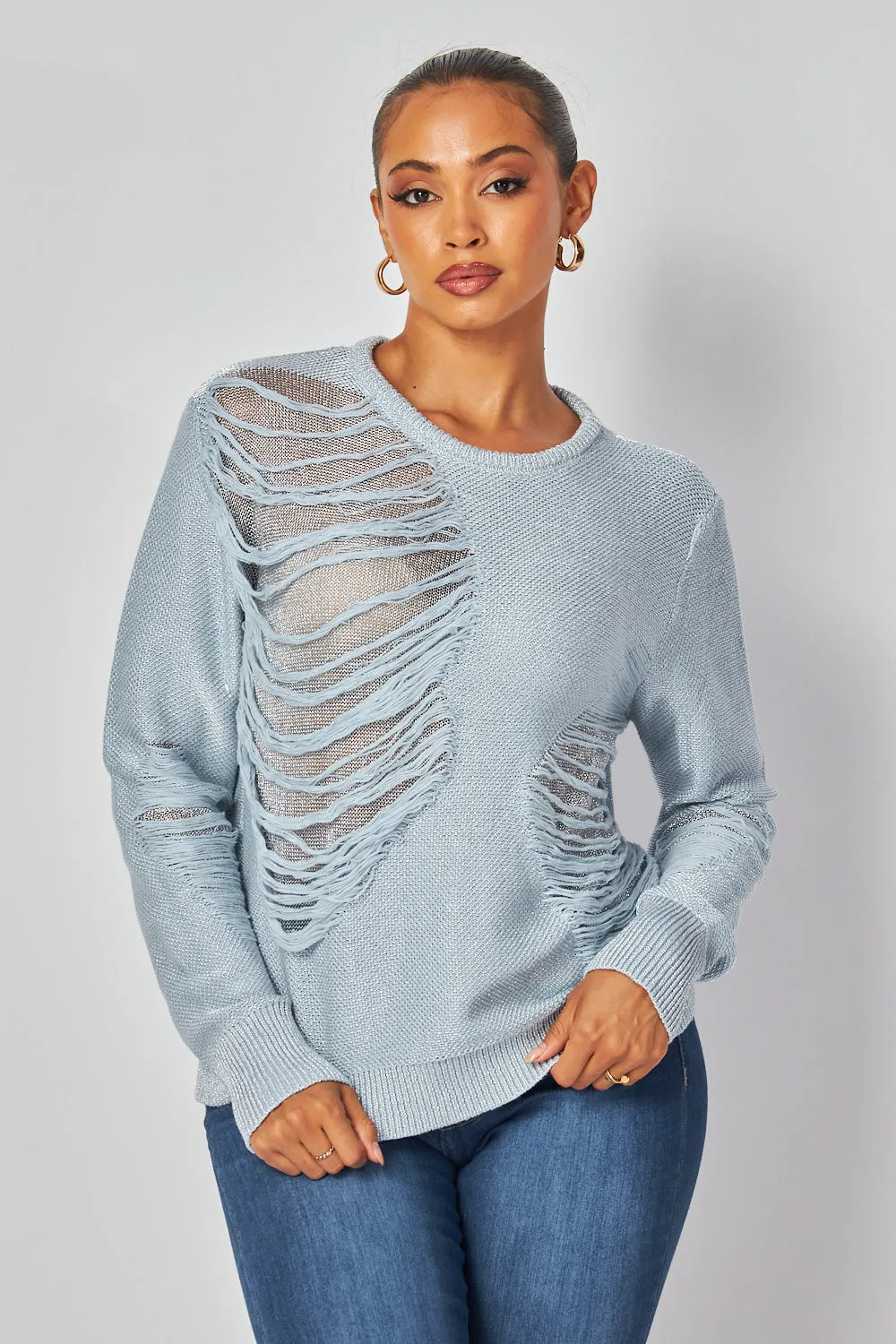 Kristen Distressed Metallic Lightweight Sweater Top
