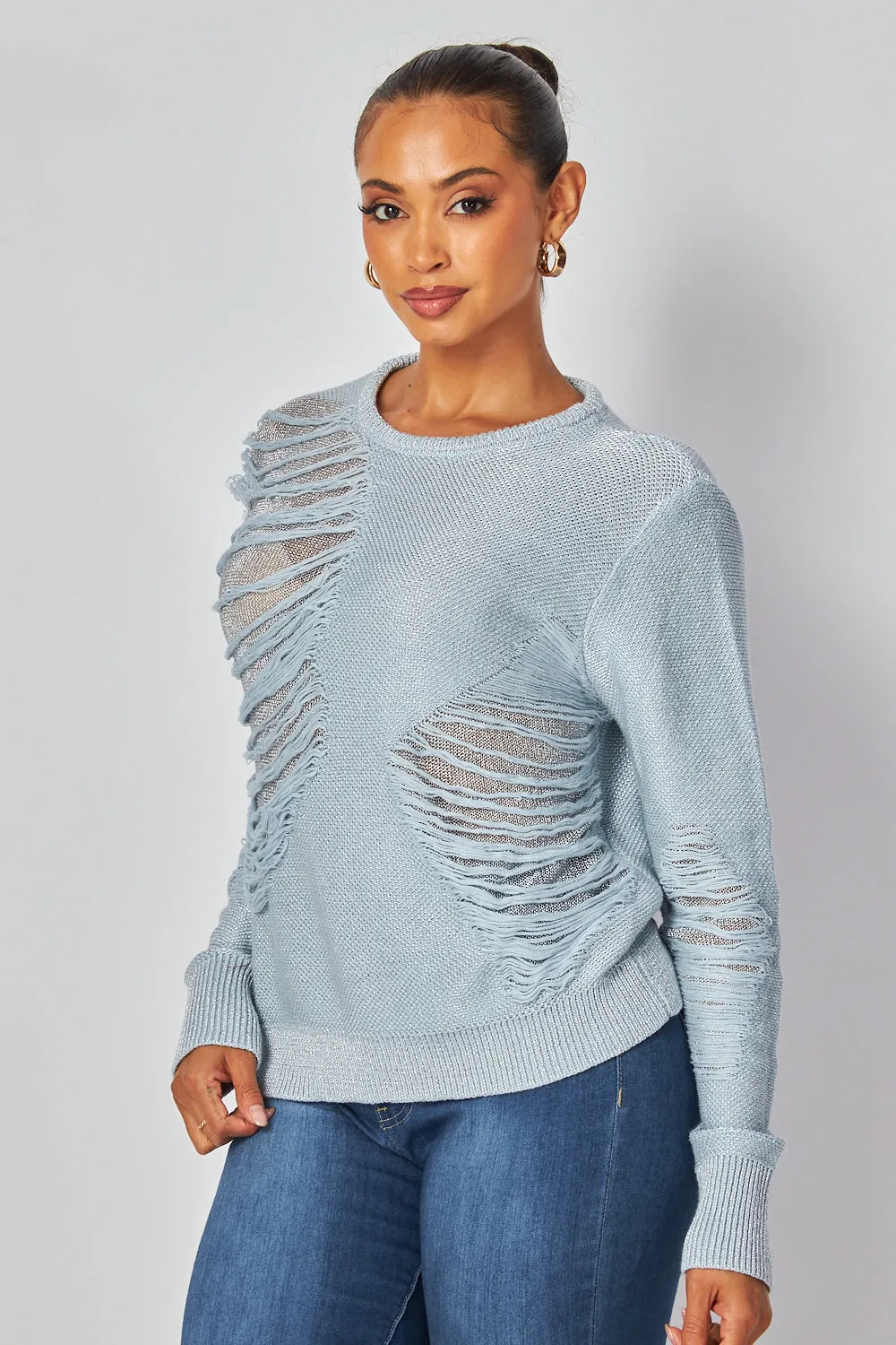 Kristen Distressed Metallic Lightweight Sweater Top