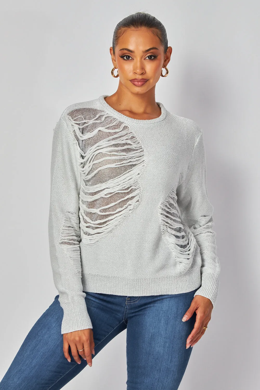 Kristen Distressed Metallic Lightweight Sweater Top