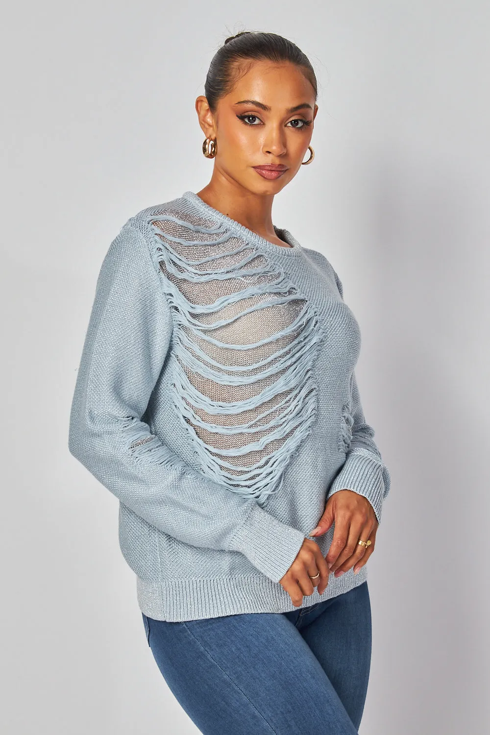 Kristen Distressed Metallic Lightweight Sweater Top