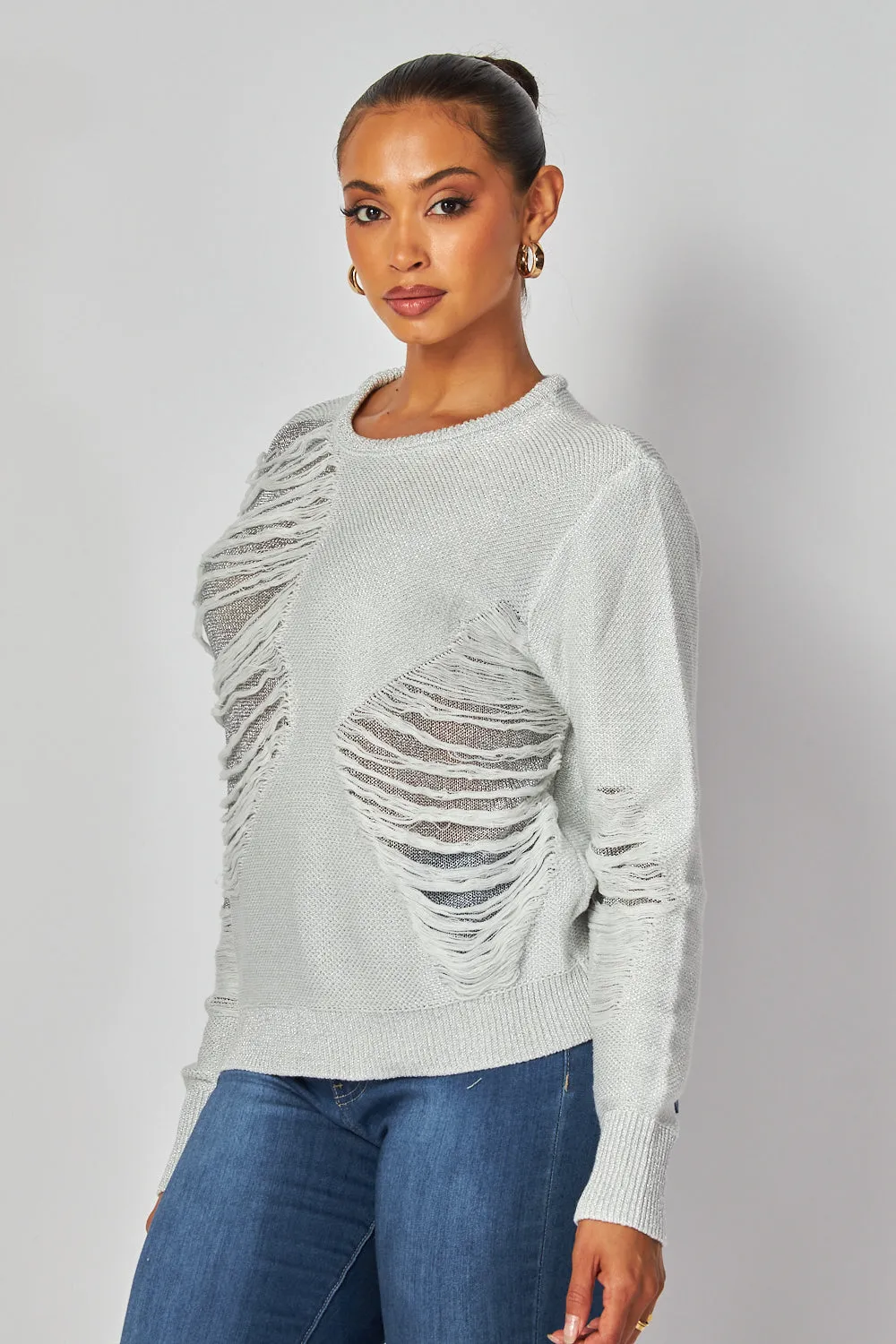 Kristen Distressed Metallic Lightweight Sweater Top