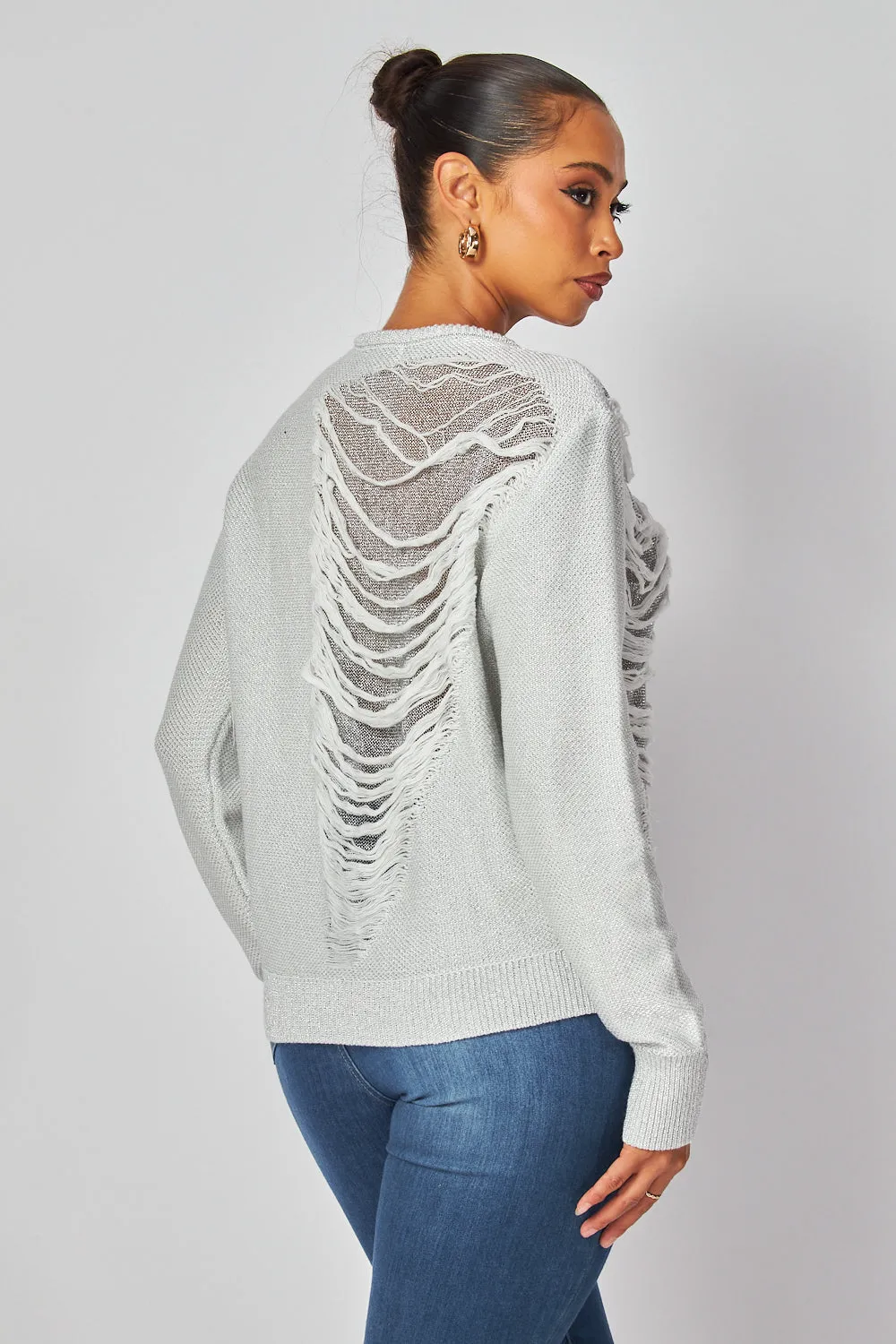 Kristen Distressed Metallic Lightweight Sweater Top