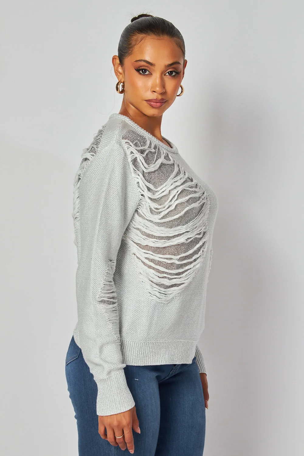 Kristen Distressed Metallic Lightweight Sweater Top