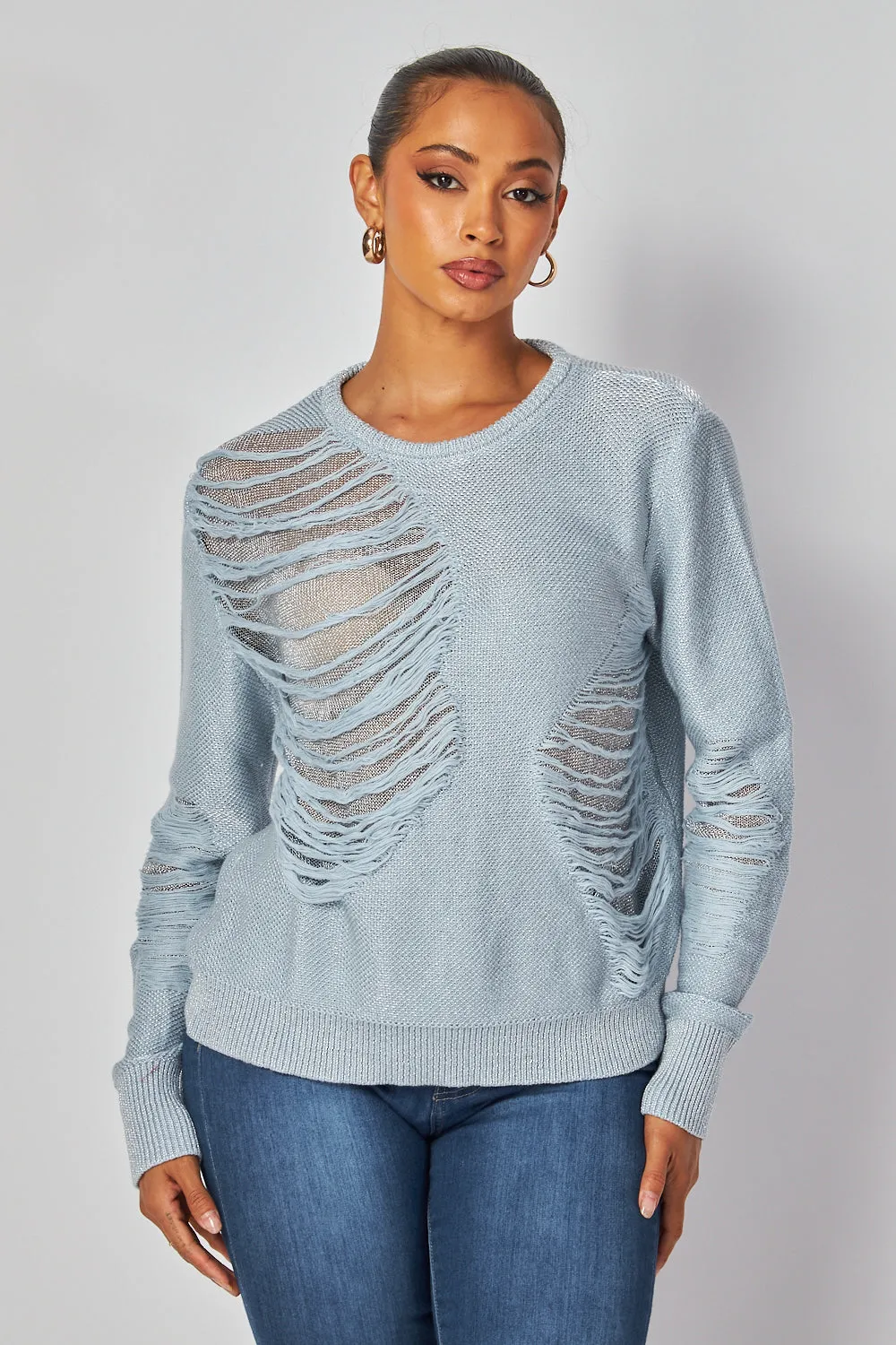 Kristen Distressed Metallic Lightweight Sweater Top
