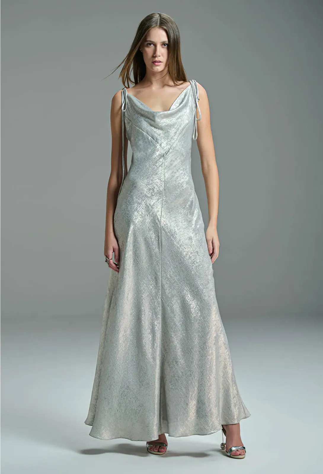 Lame Long Dress Draped Neck