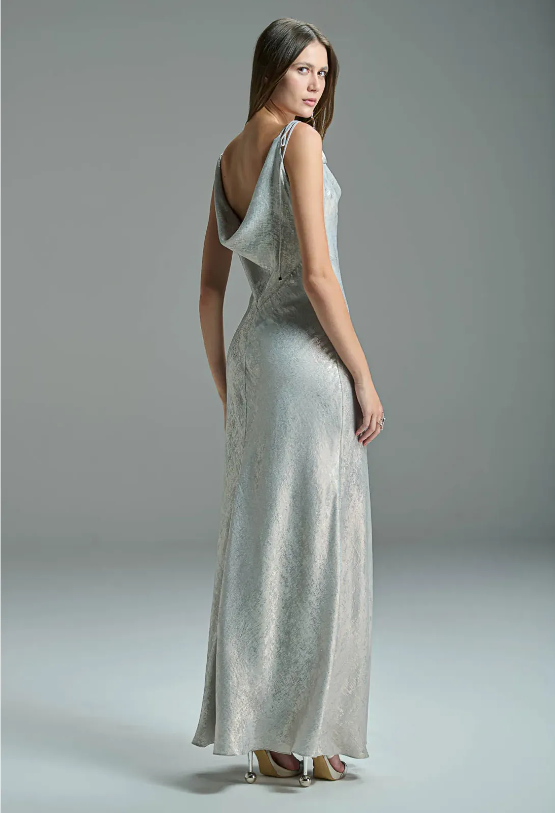 Lame Long Dress Draped Neck