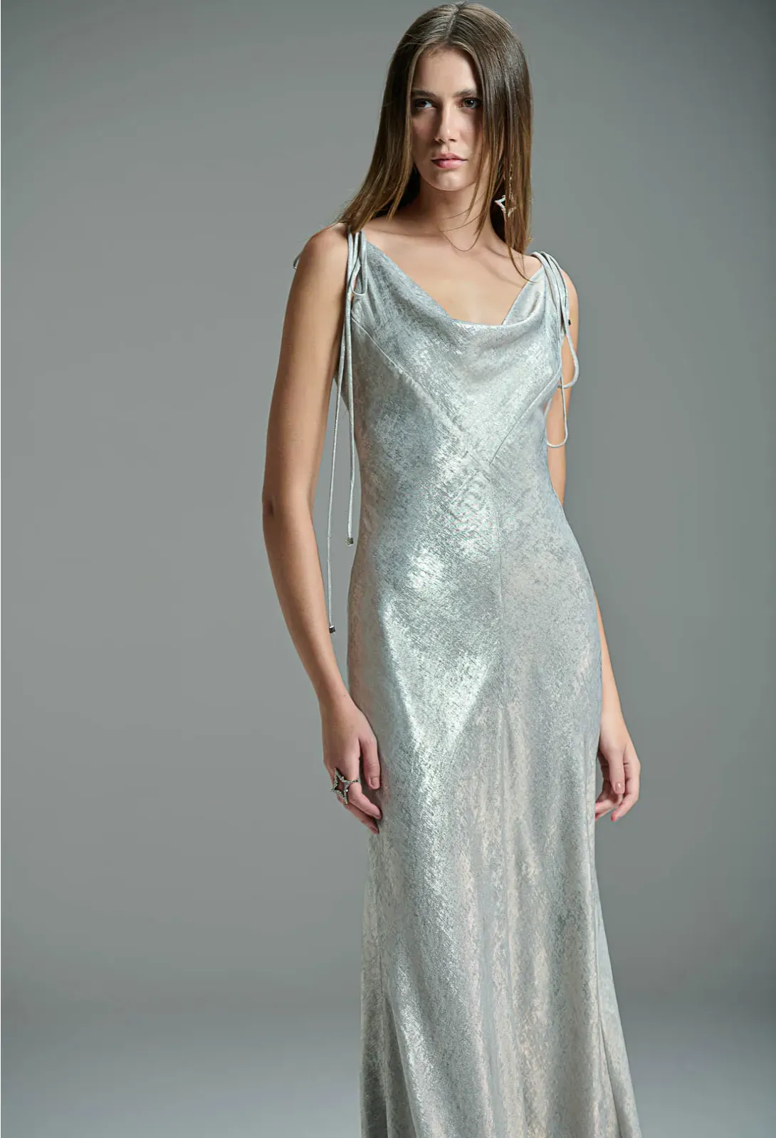 Lame Long Dress Draped Neck