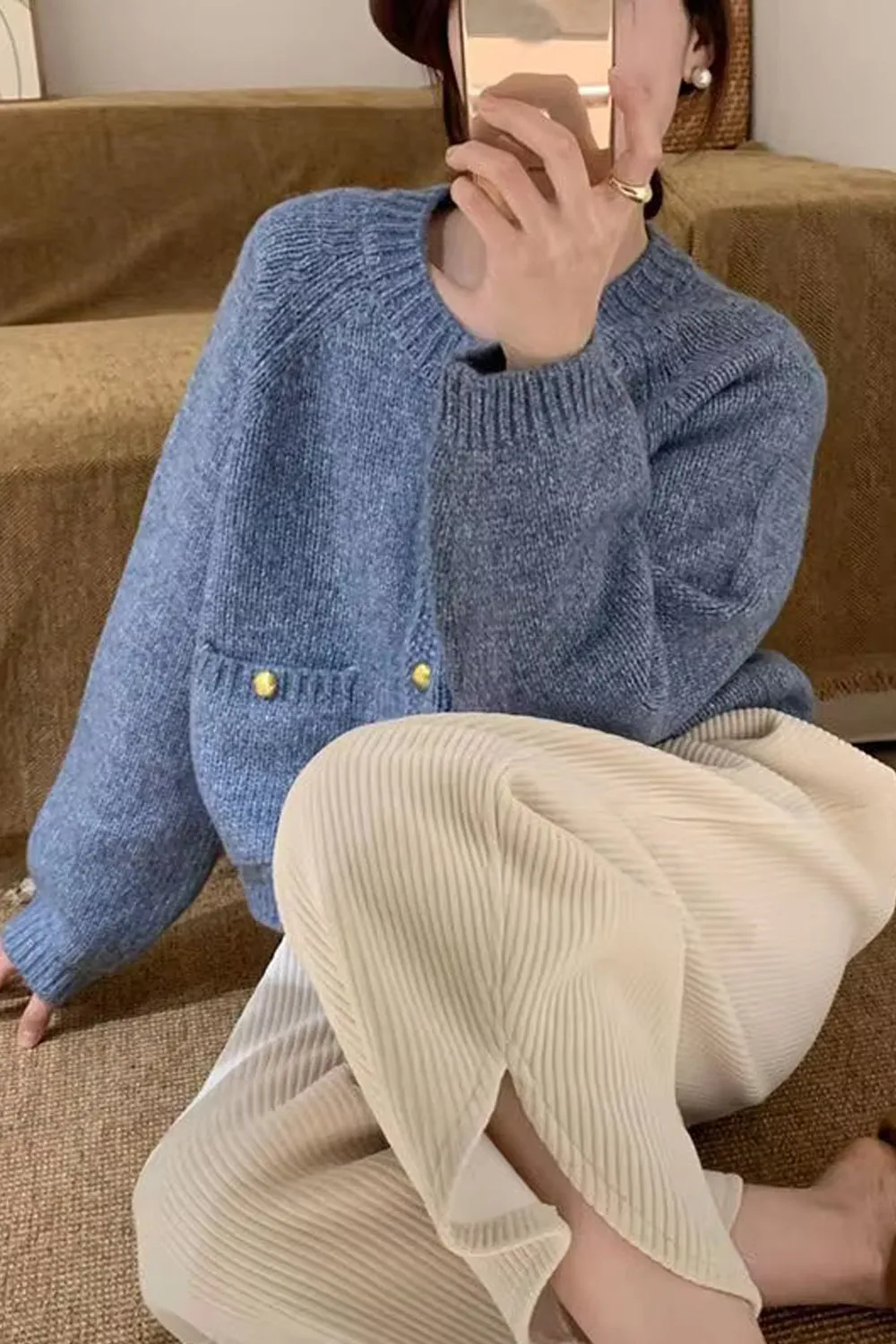 Long Sleeve Gold Button Slim Cardigan Sweater