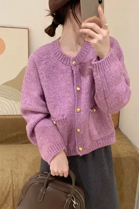 Long Sleeve Gold Button Slim Cardigan Sweater