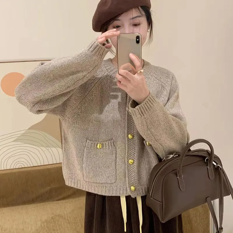 Long Sleeve Gold Button Slim Cardigan Sweater