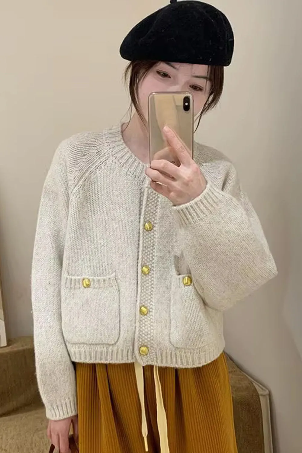 Long Sleeve Gold Button Slim Cardigan Sweater