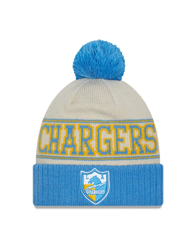 Los Angeles Chargers New Era 2023 Sideline Historic Pom Cuffed Knit Hat - Cream/Blue