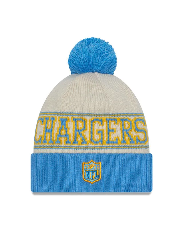 Los Angeles Chargers New Era 2023 Sideline Historic Pom Cuffed Knit Hat - Cream/Blue