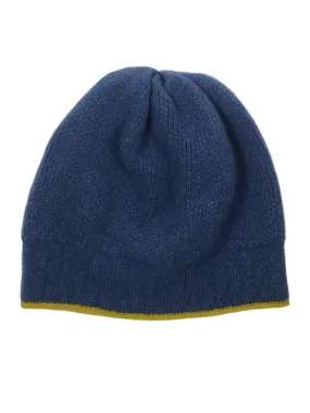 Merino Wool Ribbed Beanie Hat—Denim Blue & Turmeric
