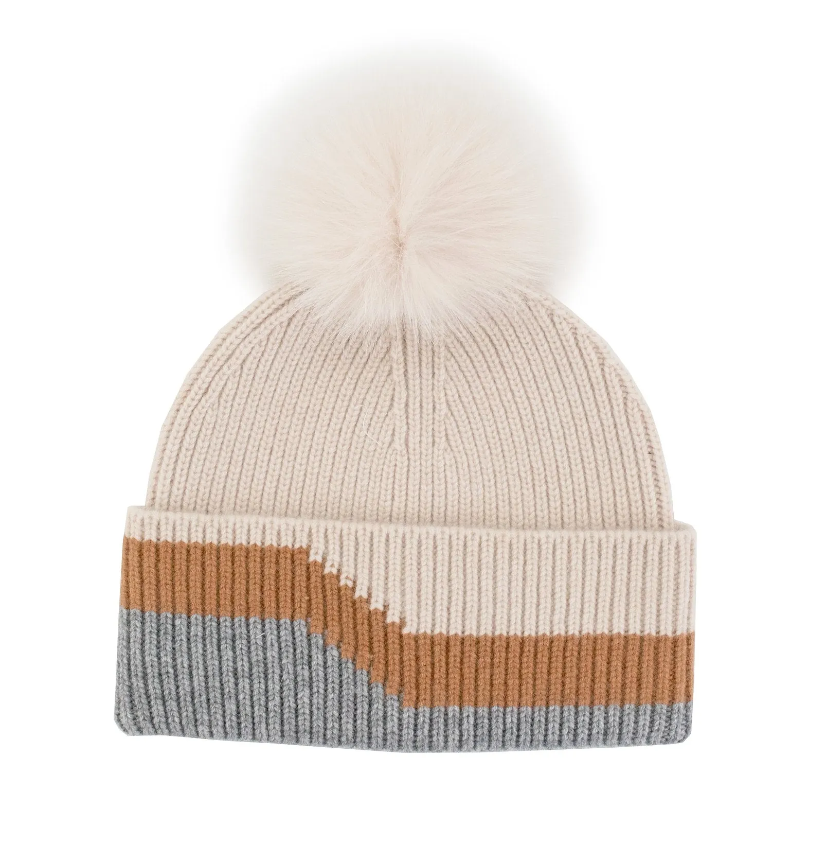 Mitchie's Matchings | Cashmere Blend 3-Tone Knitted Hat with Fox Fur Pom | Women's
