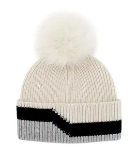 Mitchie's Matchings | Cashmere Blend 3-Tone Knitted Hat with Fox Fur Pom | Women's