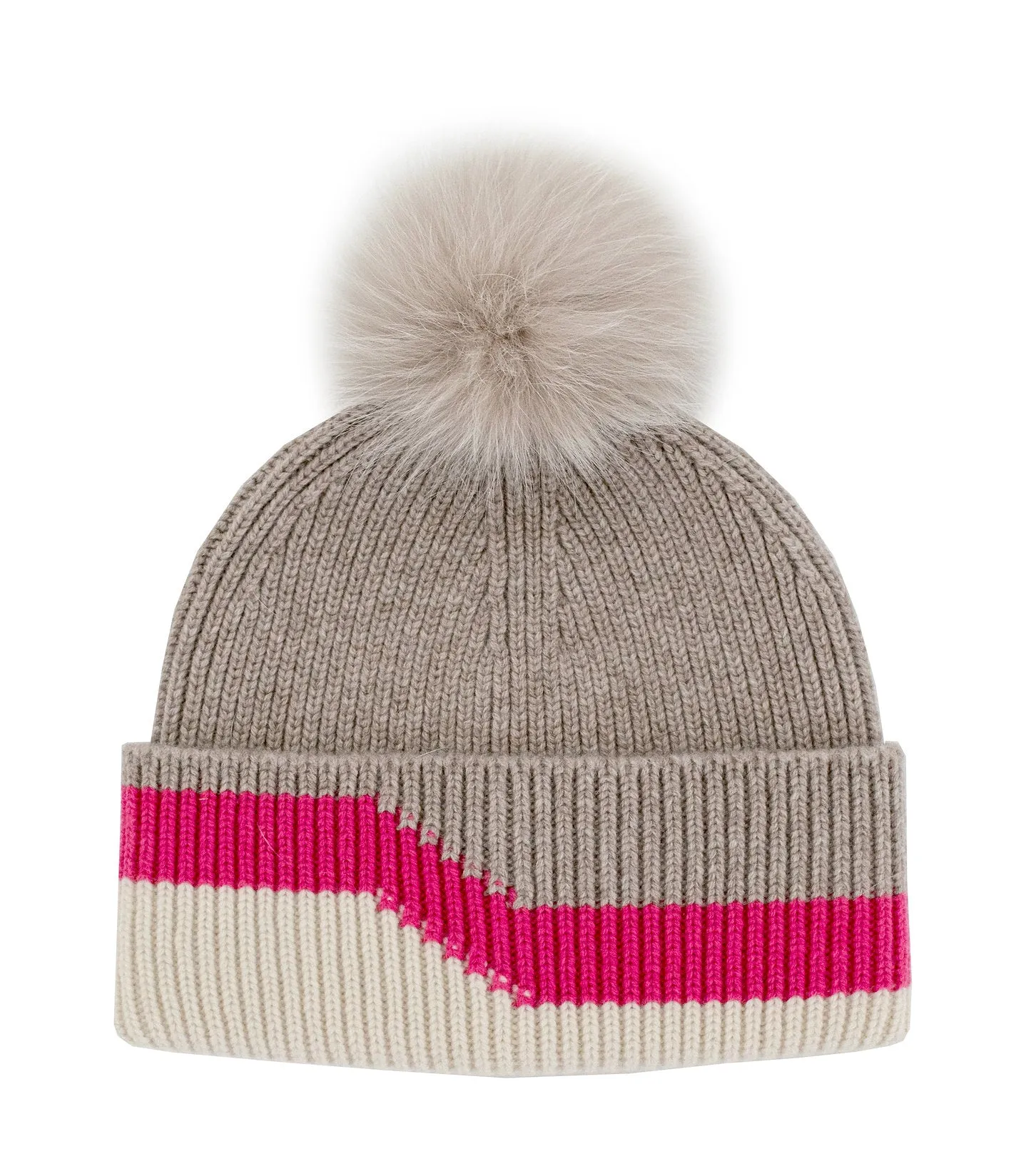 Mitchie's Matchings | Cashmere Blend 3-Tone Knitted Hat with Fox Fur Pom | Women's