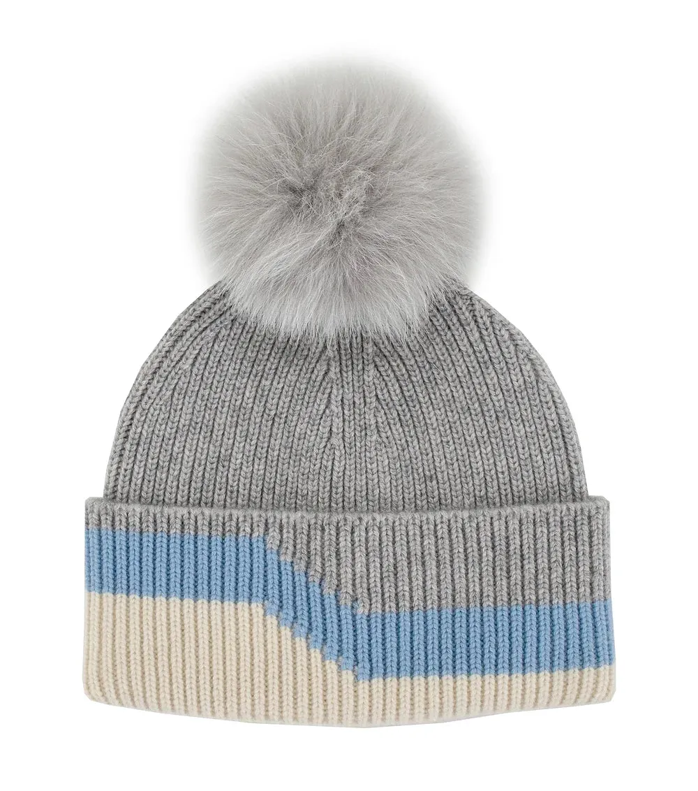 Mitchie's Matchings | Cashmere Blend 3-Tone Knitted Hat with Fox Fur Pom | Women's