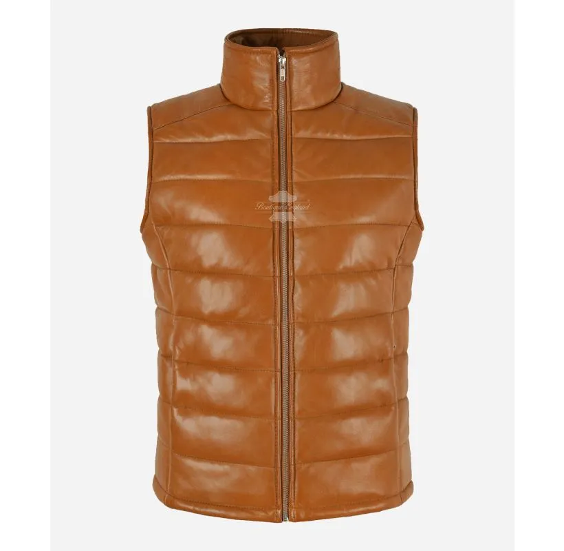 NOVA Women's Puffer Leather Gillet Vest Quilted Padded Sleeveless Jacket
