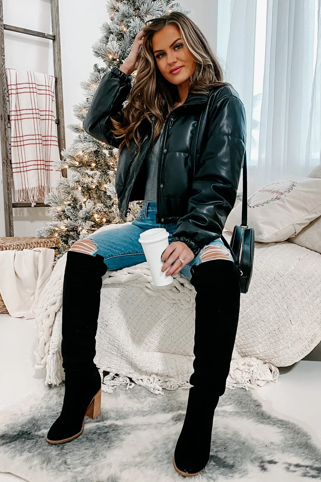 On The Edge Faux Leather Puffer Coat (Black)