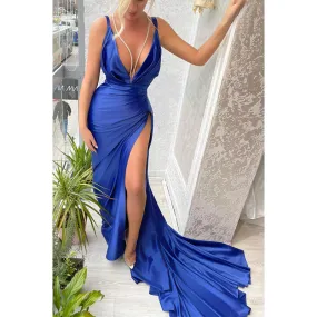 Plunging V-neck Side Slit Long Formal Evening Dress