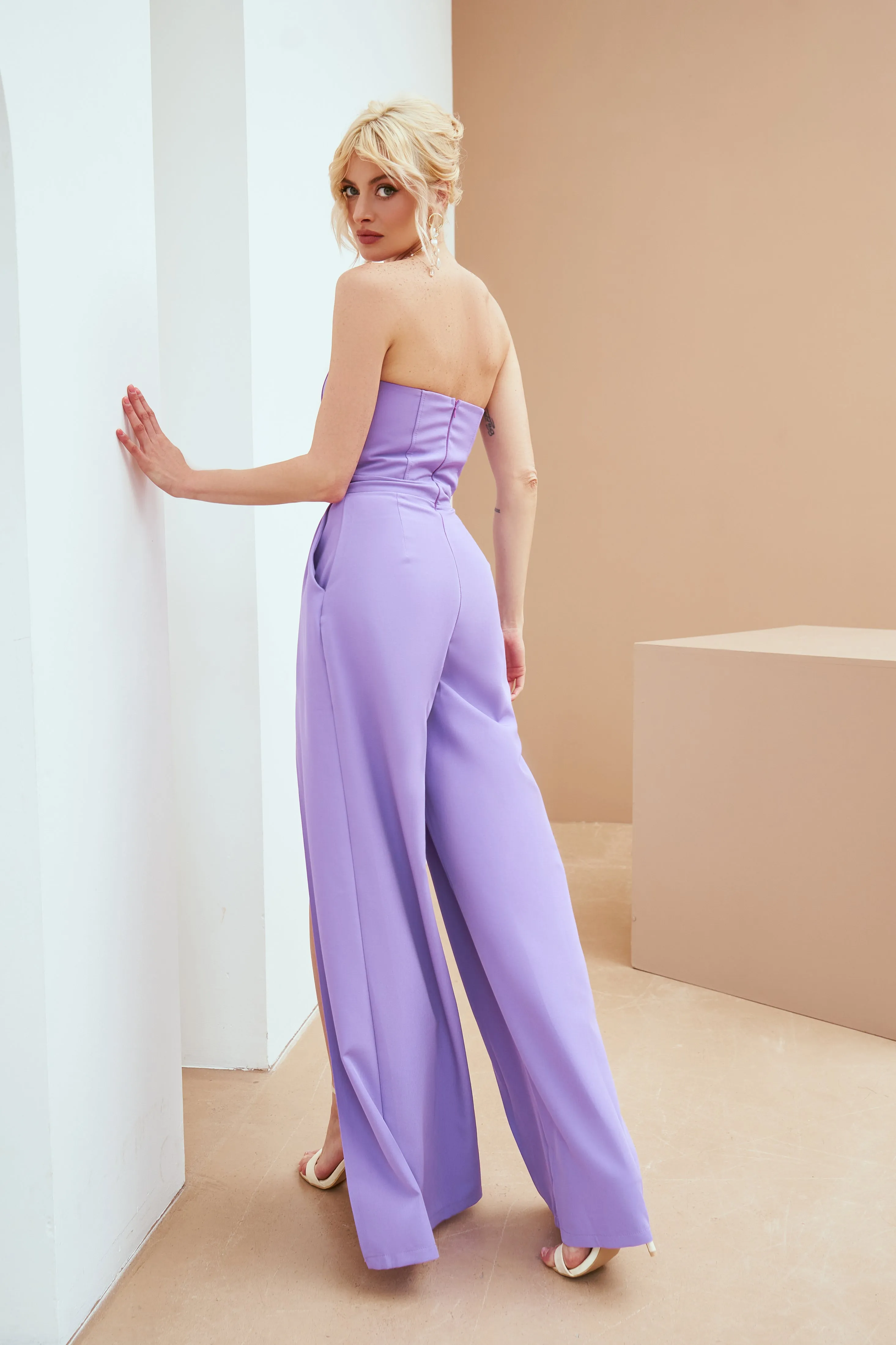 Purple Strapless V-Neck Jumpsuit