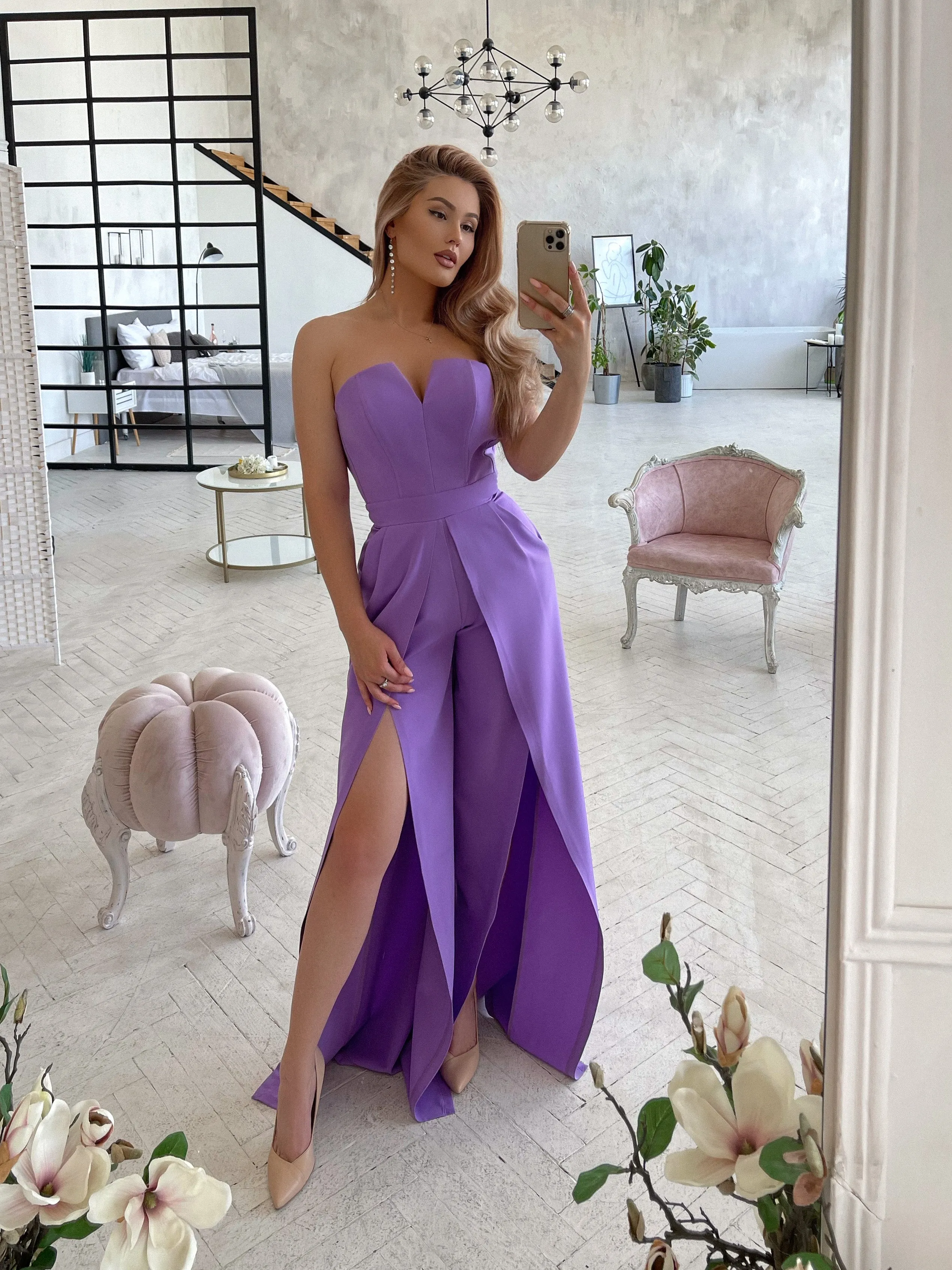 Purple Strapless V-Neck Jumpsuit
