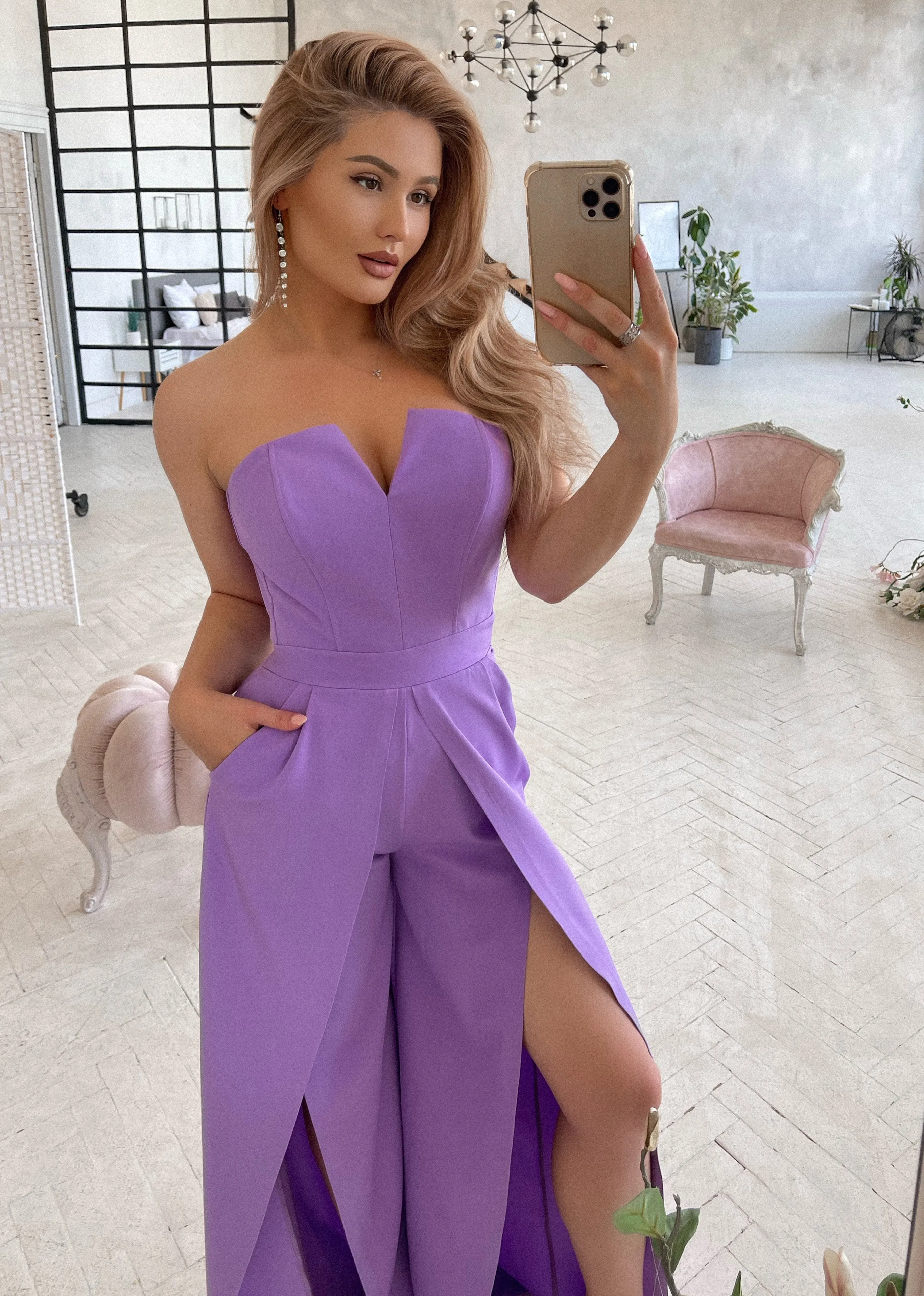 Purple Strapless V-Neck Jumpsuit