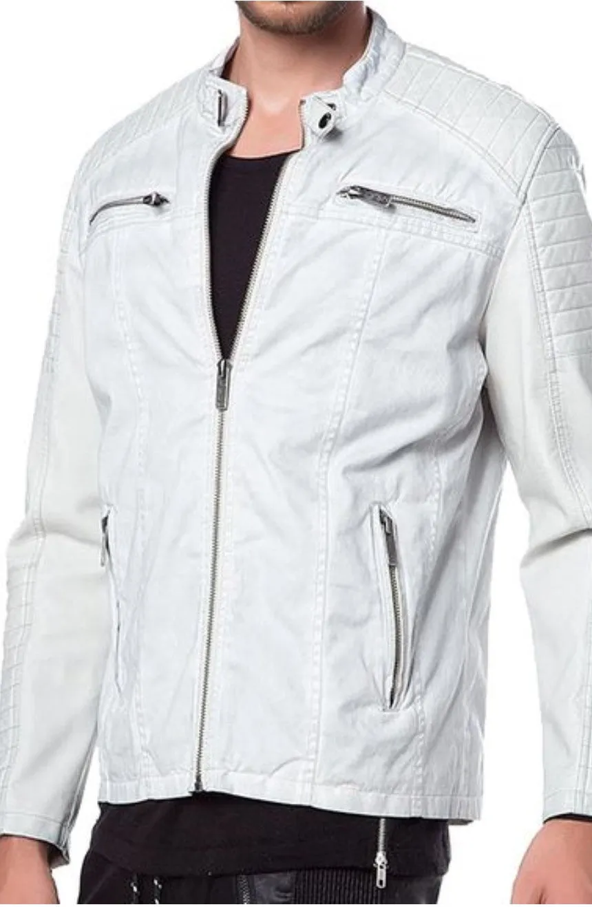 Rimo Real White Leather Jacket Men Biker Motorcycle