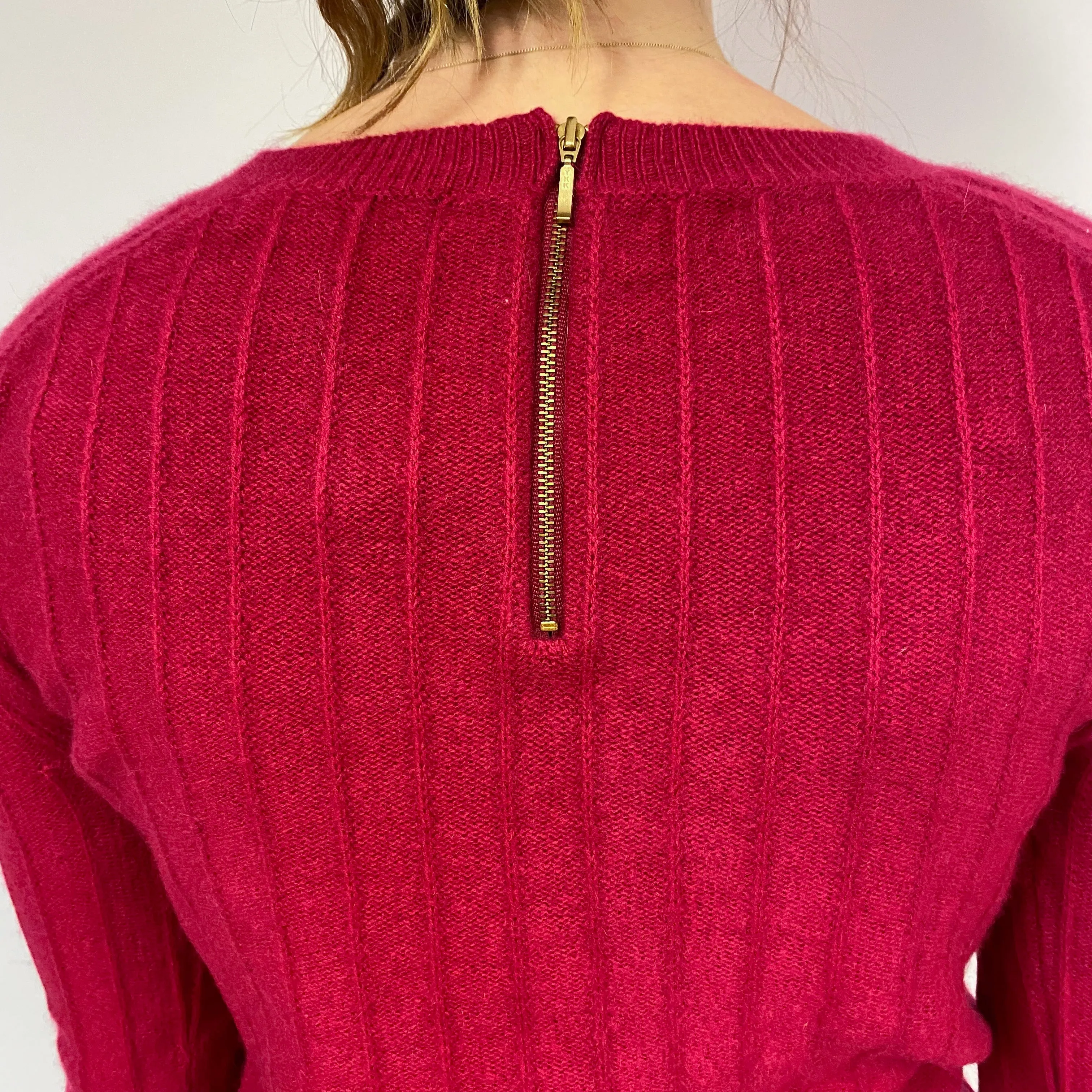 Ruby Red Ribbed Cashmere Crew Neck Jumper Small