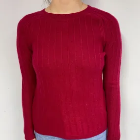 Ruby Red Ribbed Cashmere Crew Neck Jumper Small