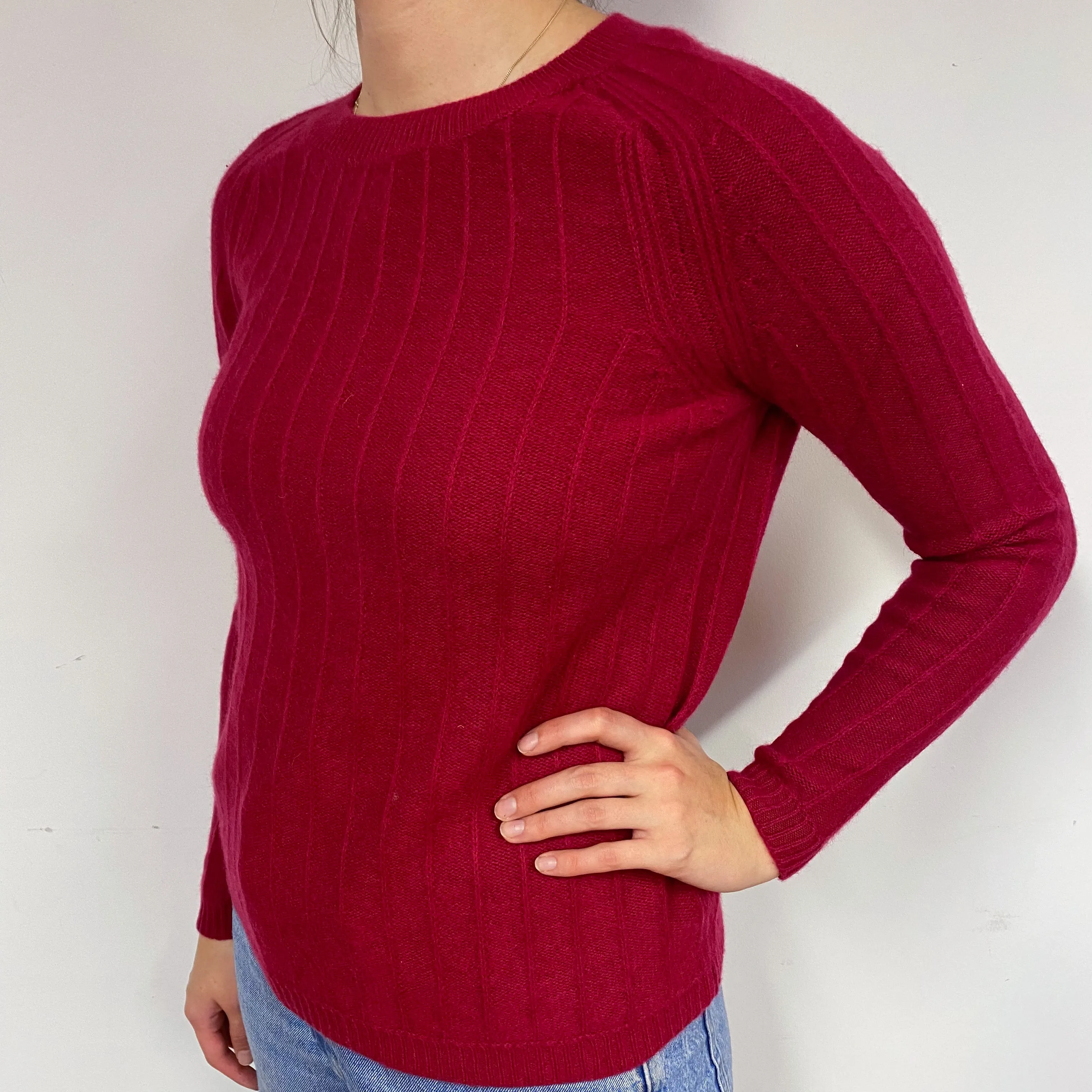 Ruby Red Ribbed Cashmere Crew Neck Jumper Small