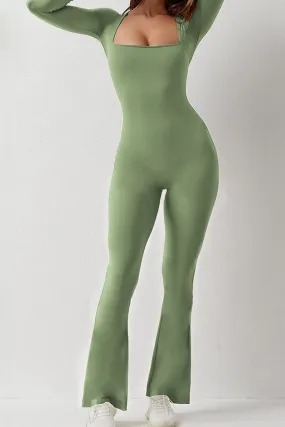 Sage Sports Square Neck Long Sleeve Seamless Shaping Flared Jumpsuit