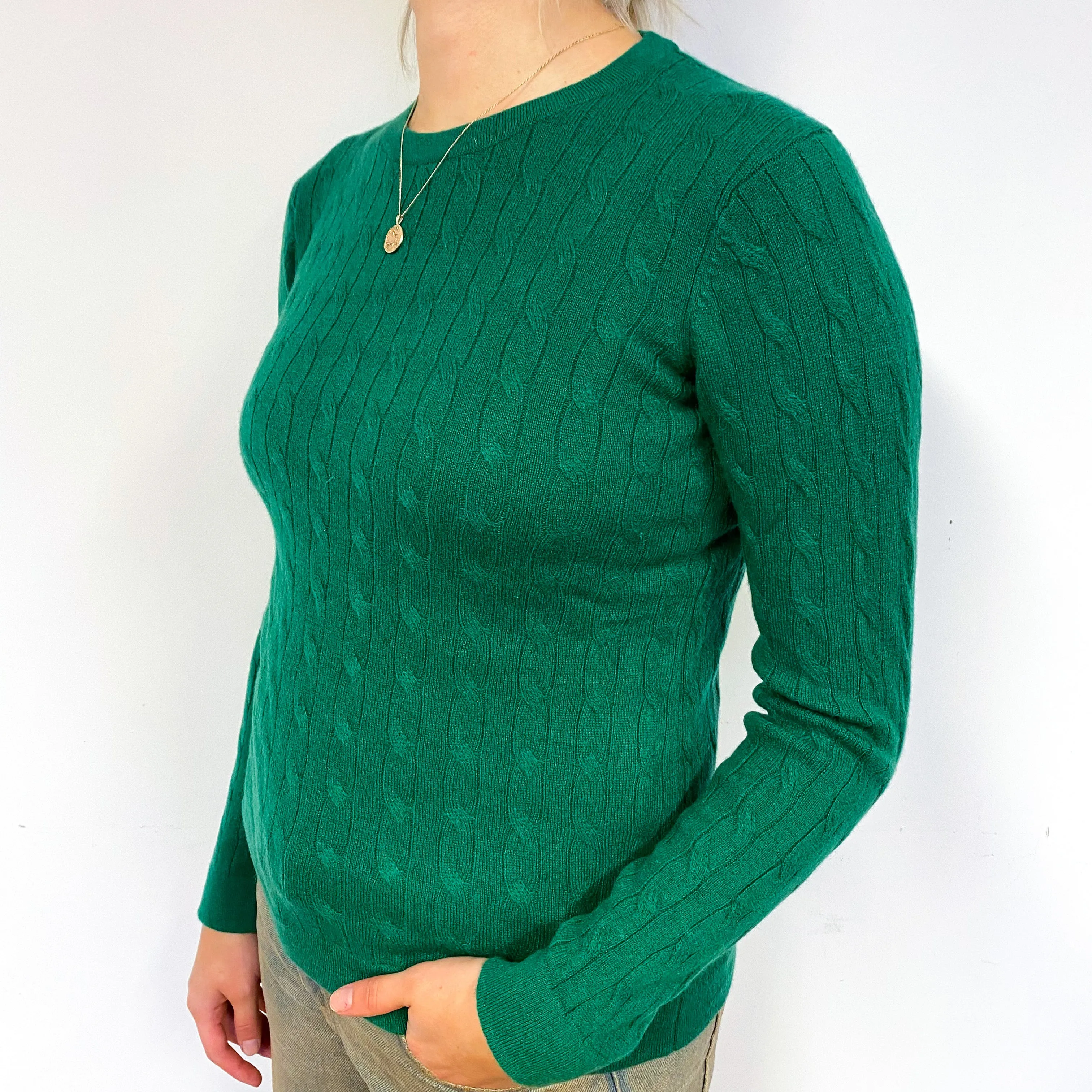 Shamrock Green Cable Cashmere Crew Neck Jumper Small
