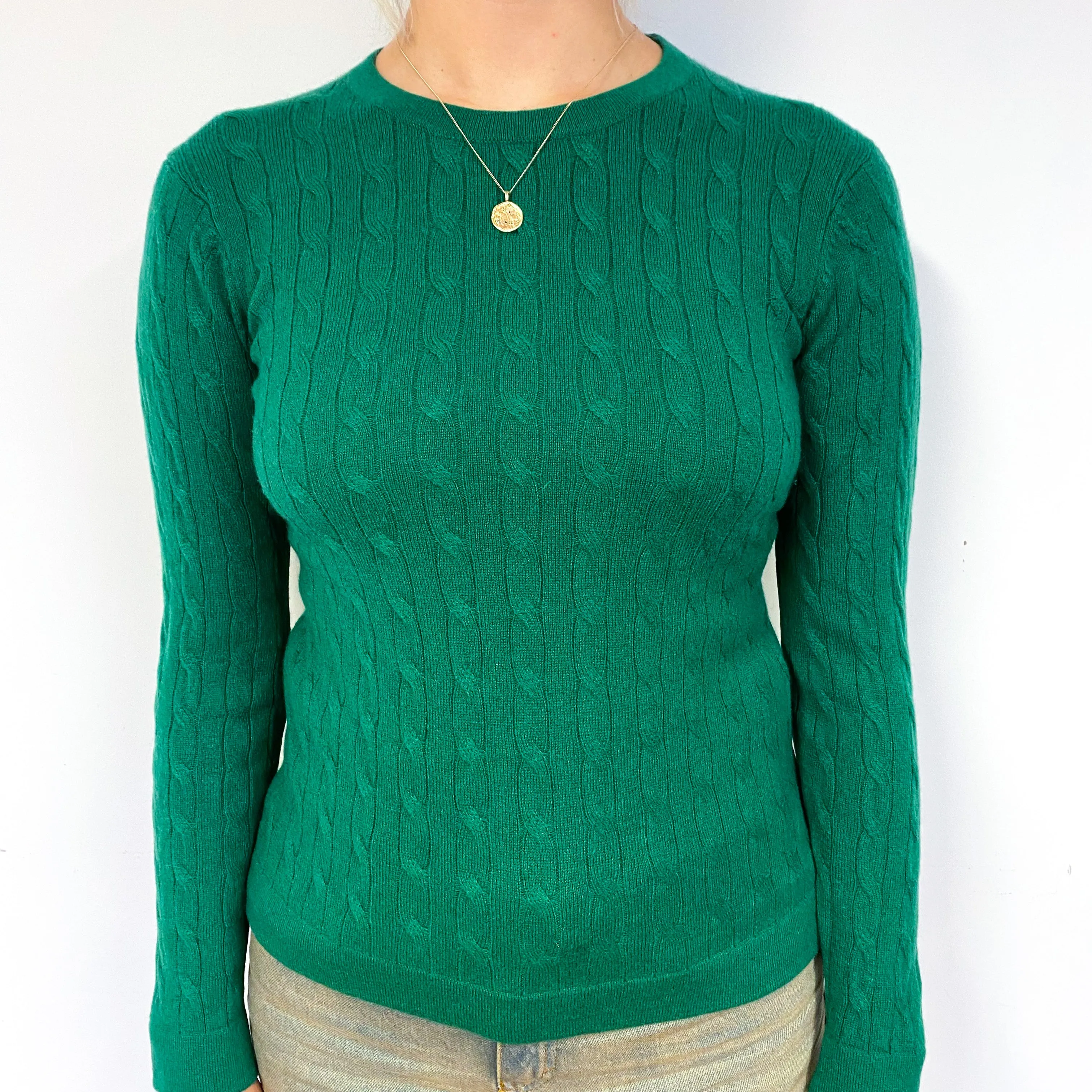 Shamrock Green Cable Cashmere Crew Neck Jumper Small