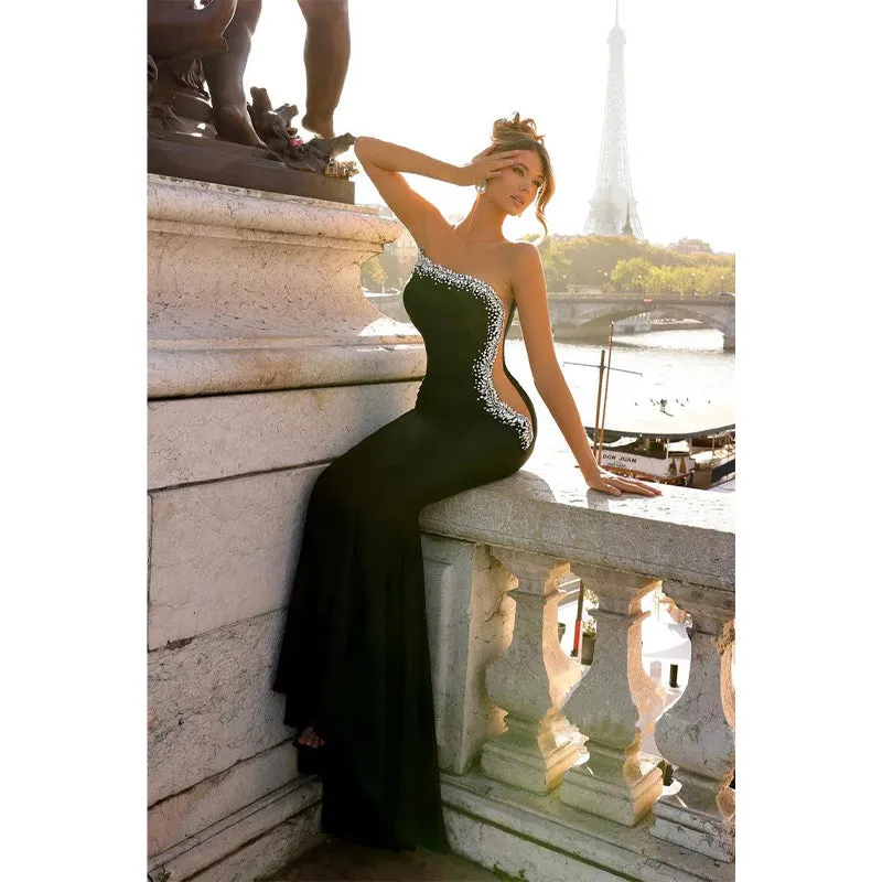 Sheath Illusion Beaded Strapless Satin Long Prom Dress Evening Gowns