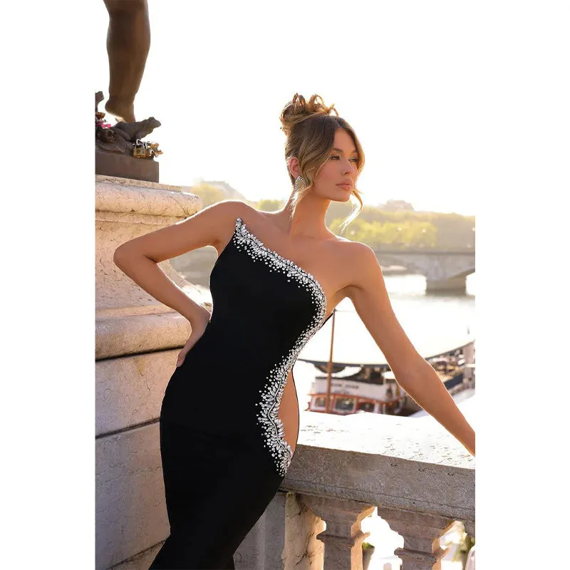 Sheath Illusion Beaded Strapless Satin Long Prom Dress Evening Gowns