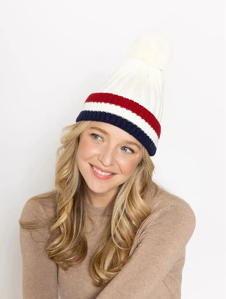 Stripe Hat with Faux Fur Pom (Final Sale)