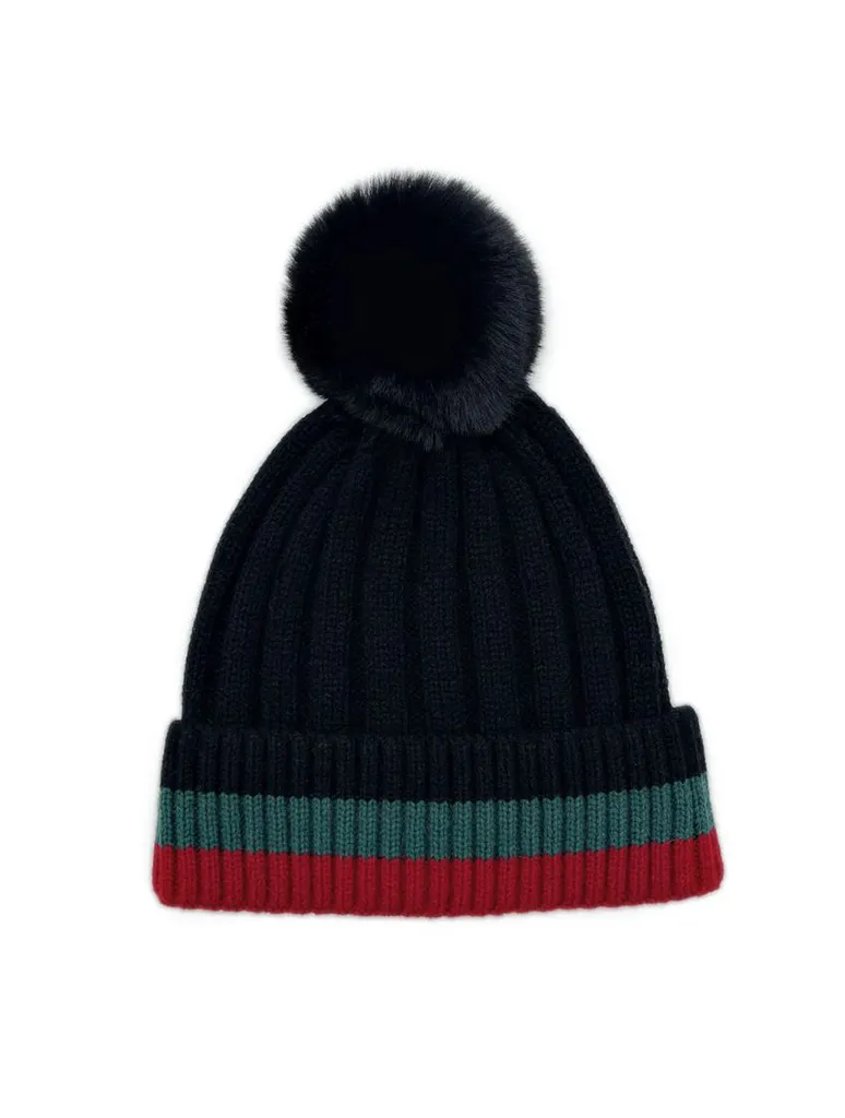 Stripe Hat with Faux Fur Pom (Final Sale)