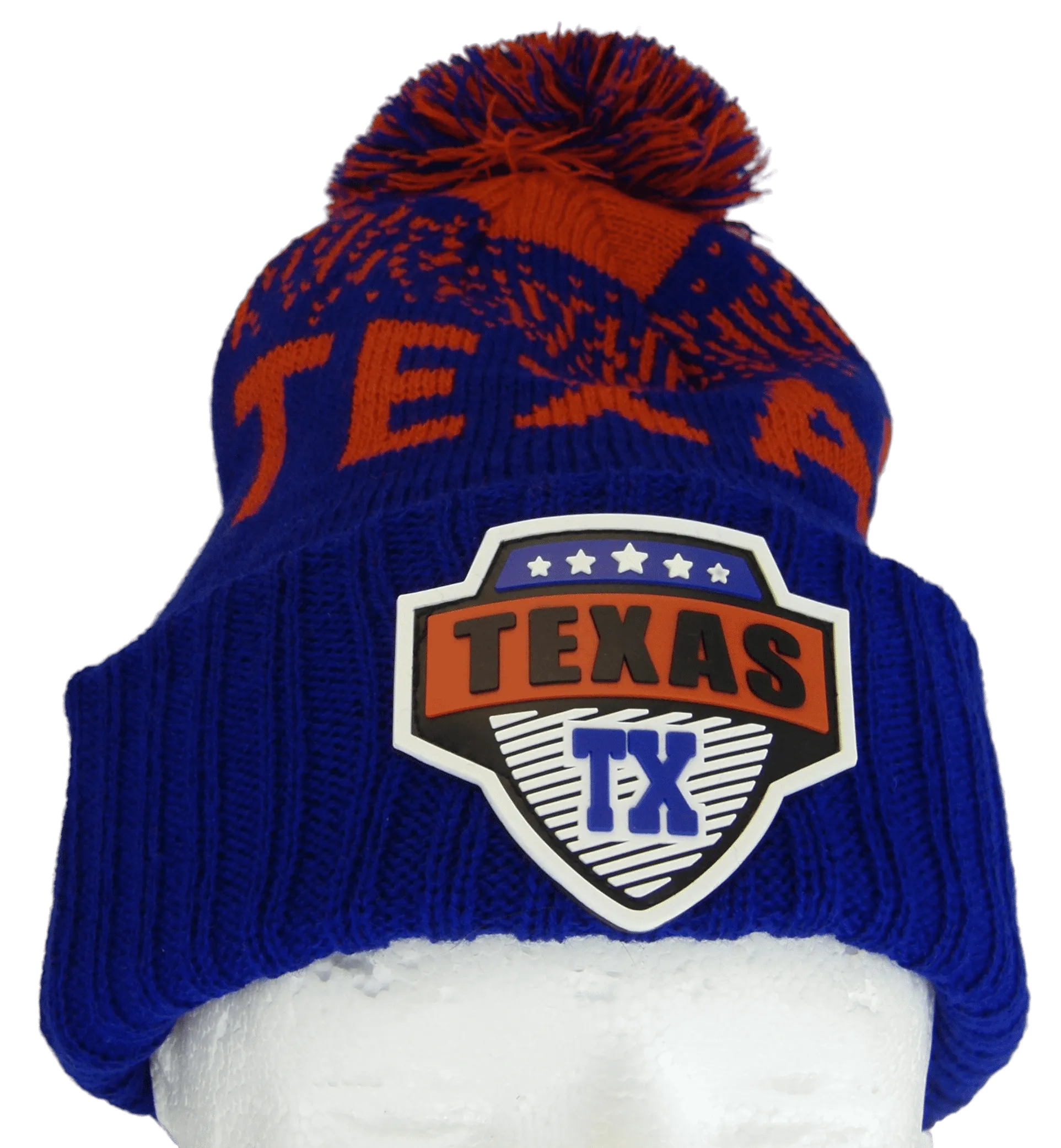 Texas Rubber Patch Ribbed Winter Knit Pom Beanie (Royal/Red)