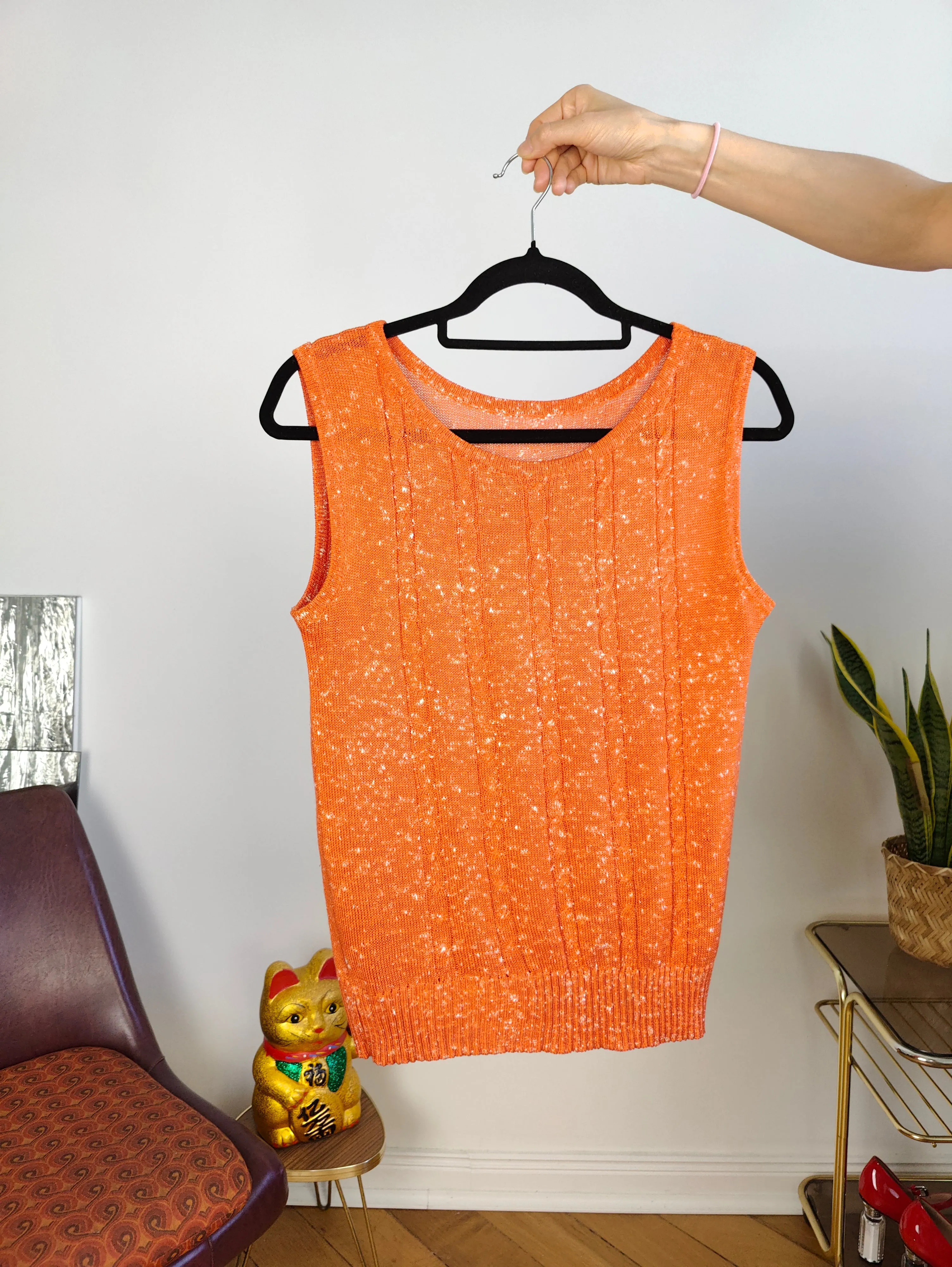 Vintage crochet top orange sleeveless knit knitted women S
