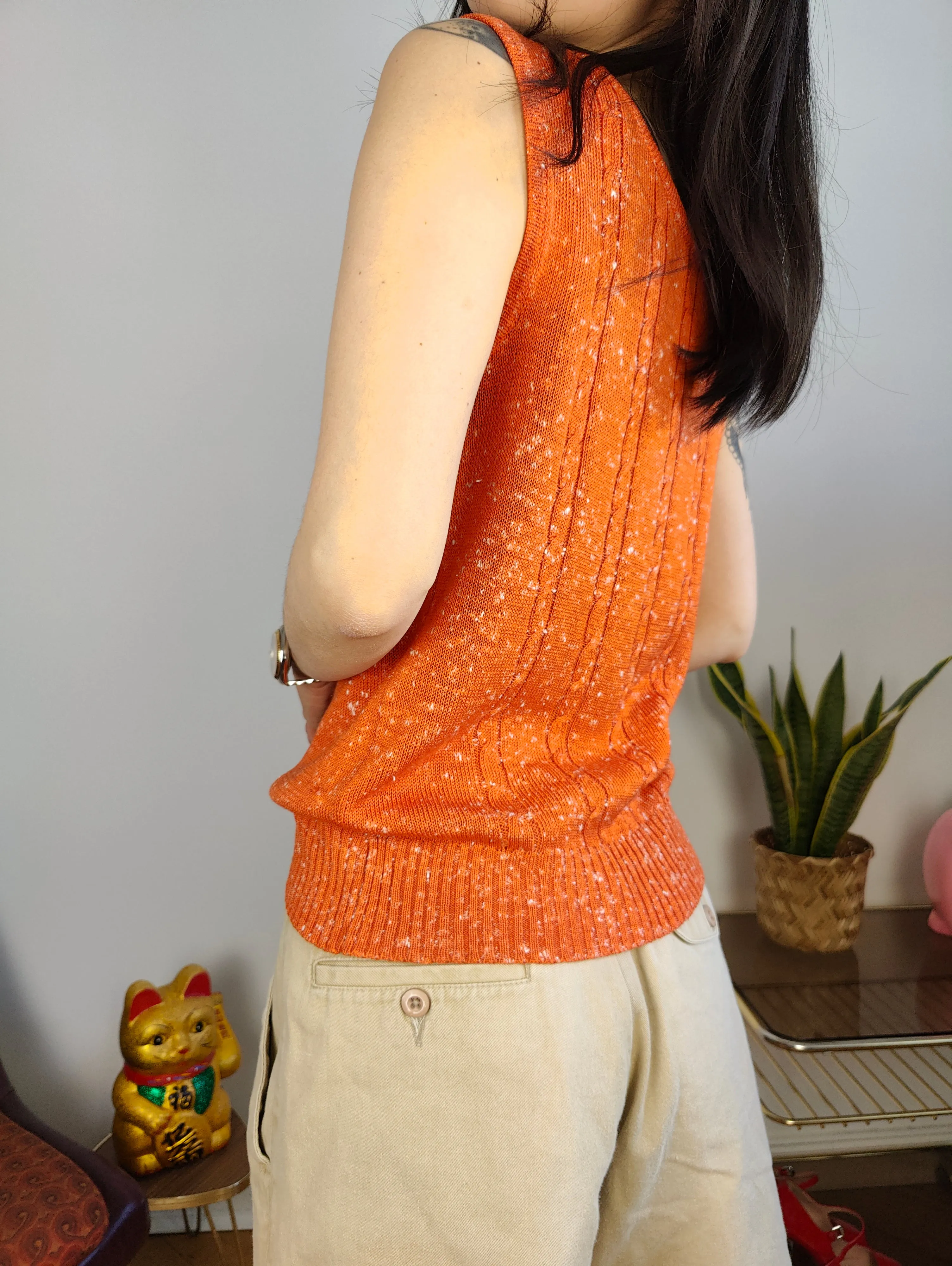 Vintage crochet top orange sleeveless knit knitted women S
