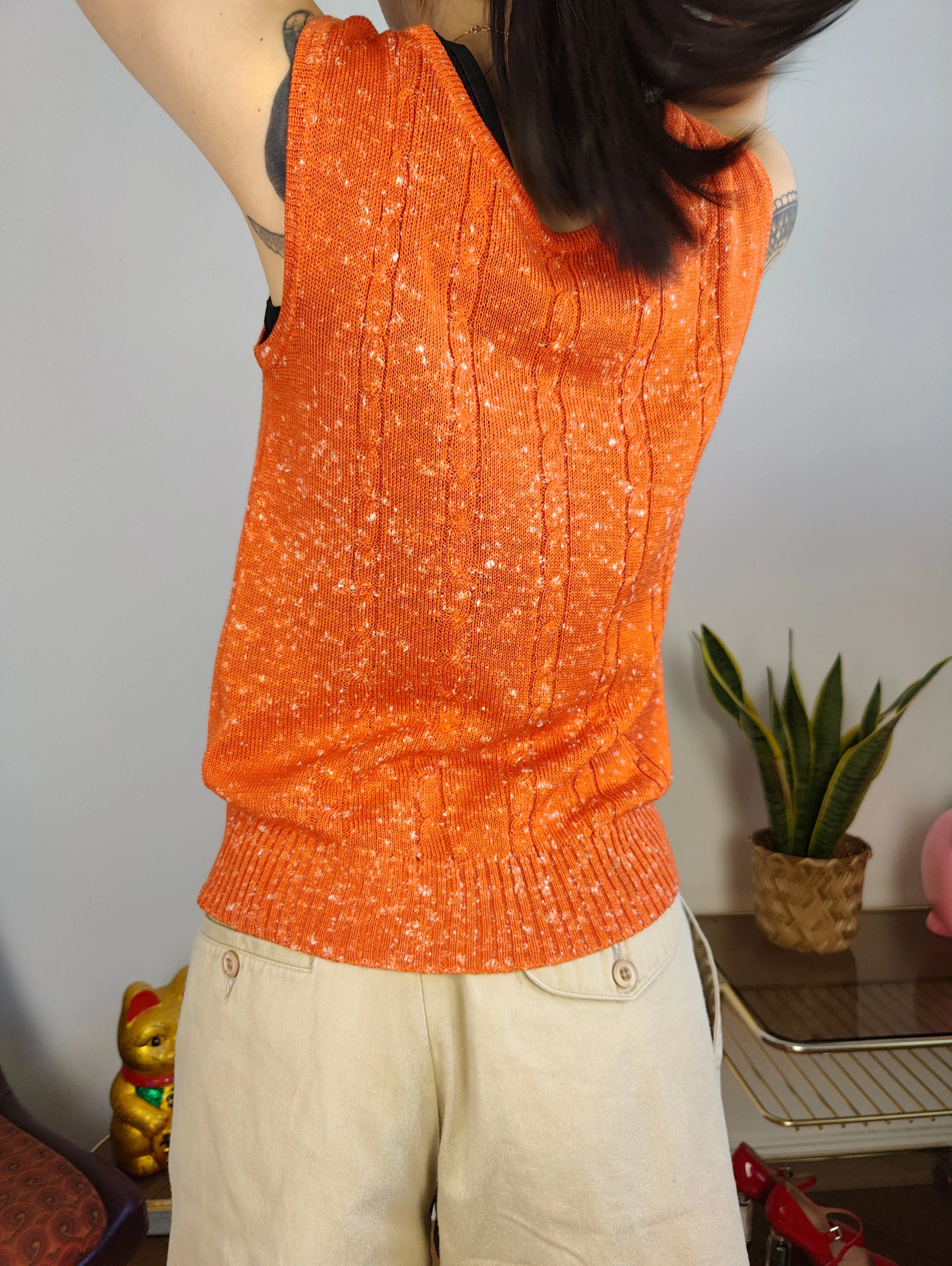 Vintage crochet top orange sleeveless knit knitted women S