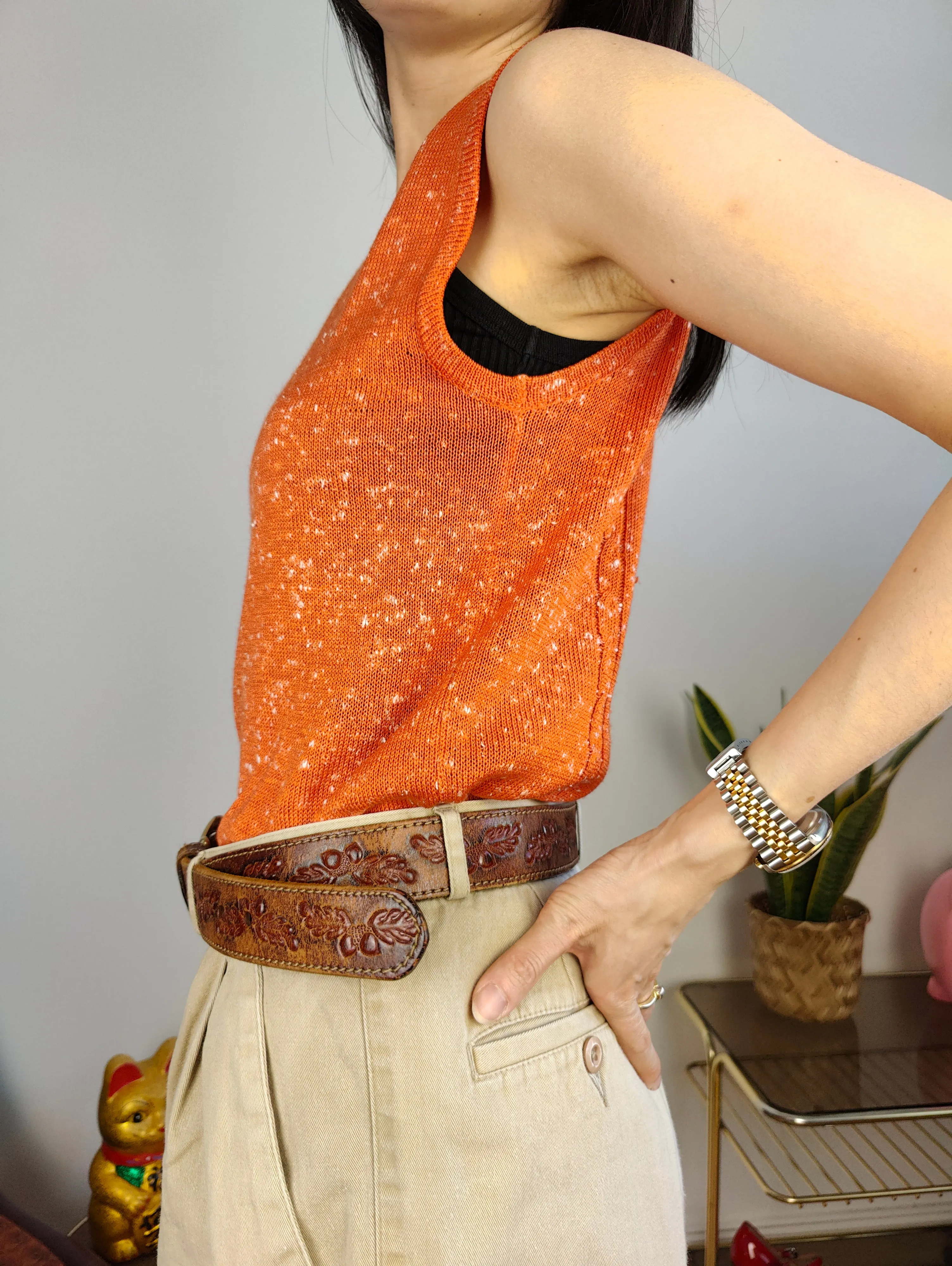 Vintage crochet top orange sleeveless knit knitted women S