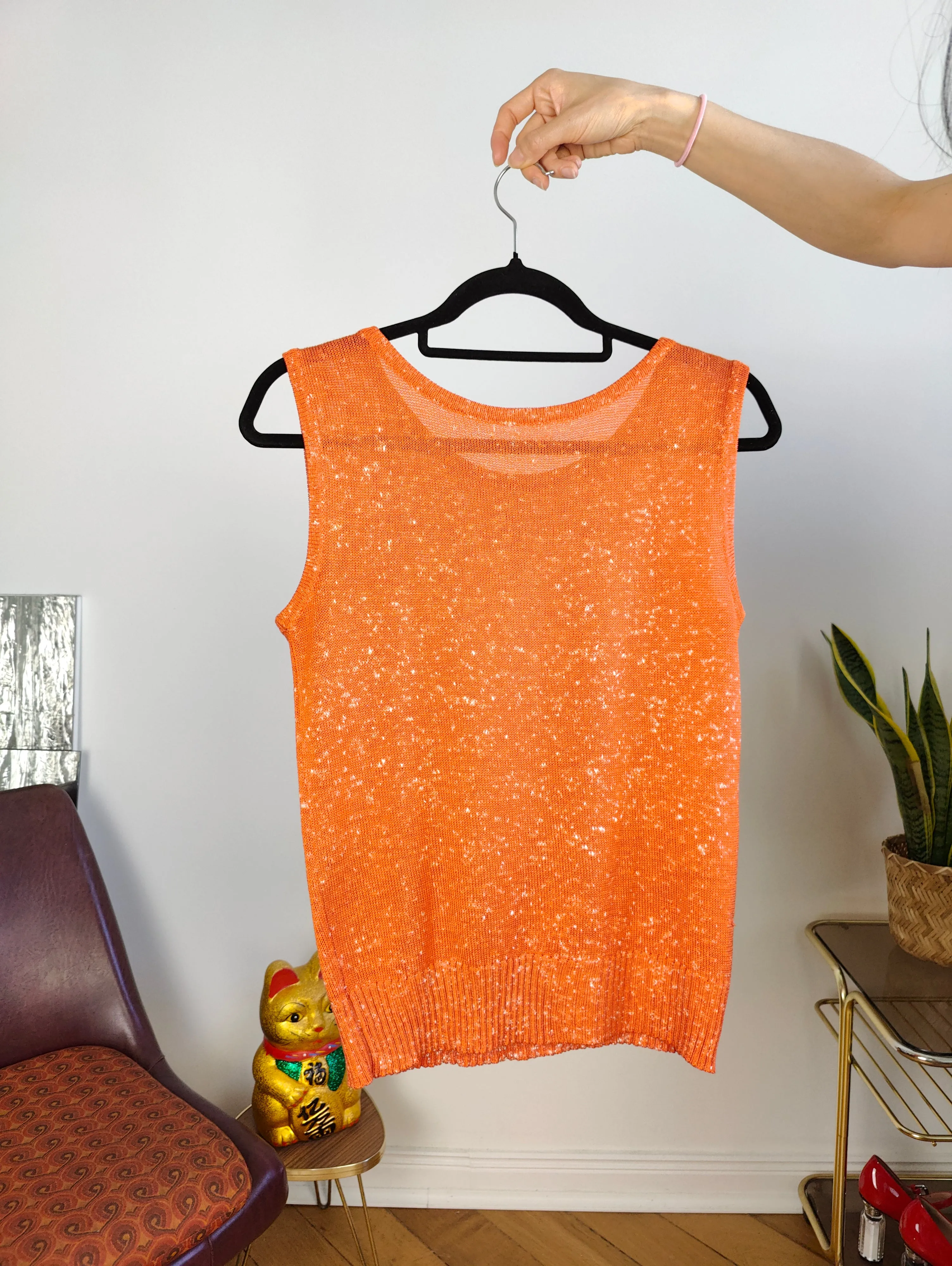 Vintage crochet top orange sleeveless knit knitted women S