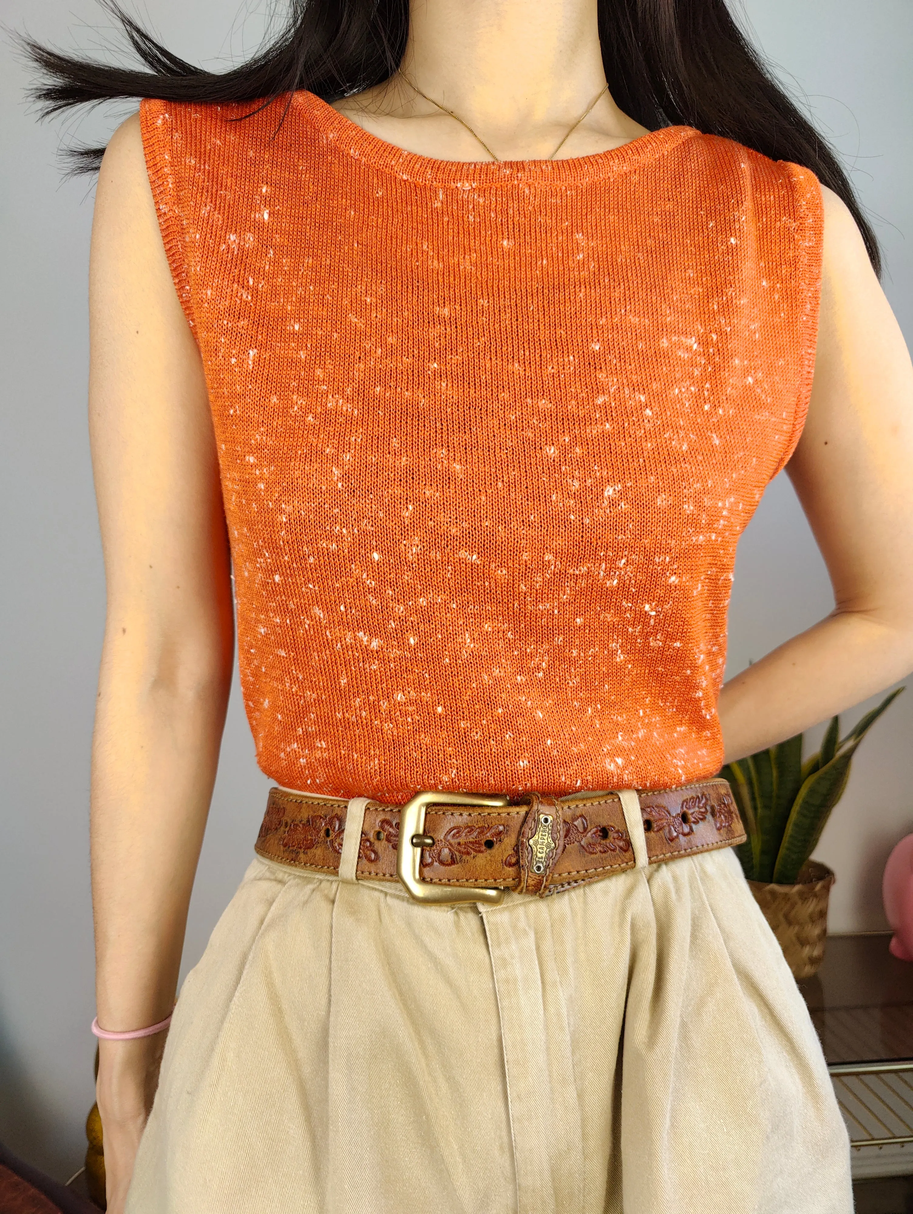 Vintage crochet top orange sleeveless knit knitted women S