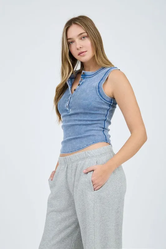 Washed Henley Knit Tank Top