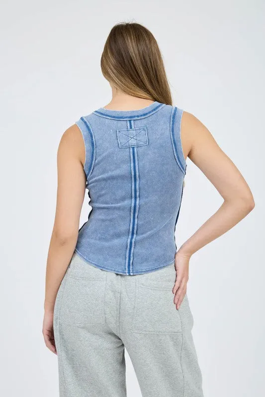 Washed Henley Knit Tank Top