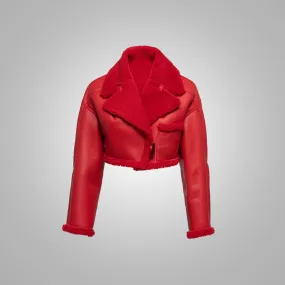 Women Red  Pilot Aviator Flight  B3 Bomber Faux Fur Shearling Real Sheepskin Leather Jacket